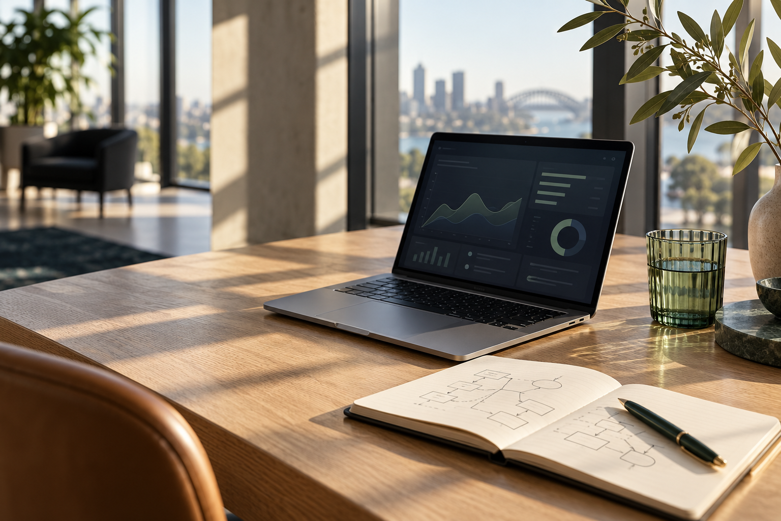 Illustrative workspace with a laptop, notebook and workflow sketches